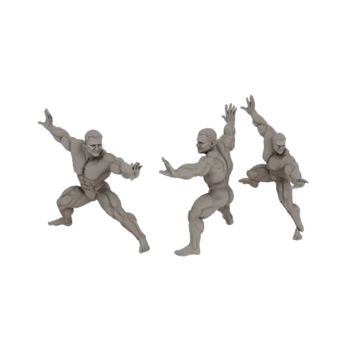 Three 3D models of muscular male figures in dynamic martial arts poses, rendered in a neutral gray material.