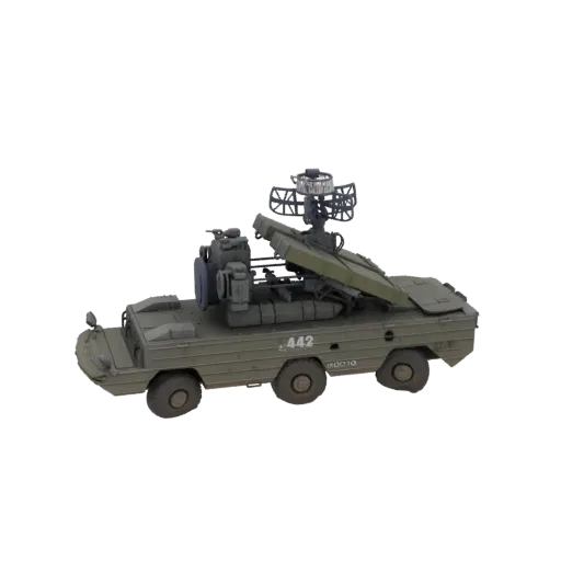 3D model of a green BTR-80 command vehicle with a radar dish and communication equipment, isolated on a white background.