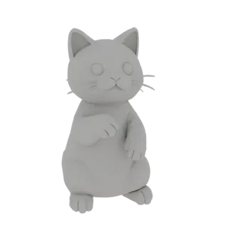 3D model of a cute gray cat sitting with a raised paw, on a white background