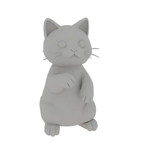 3D model of a cute gray cat sitting with a raised paw, on a white background
