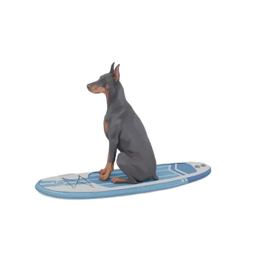 3D model of a Doberman Pinscher dog sitting on a blue and white surfboard, looking to the left.