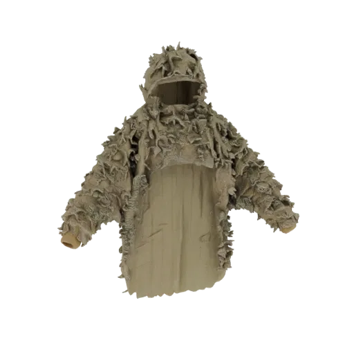 3D-Modell einer Ghillie Suit Tarnjacke mit Kapuze und blättriger Textur, präsentiert auf weißem Hintergrund.
