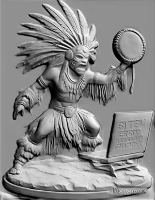 3D bas-relief model of a shaman in a feathered headdress, holding a drum and looking at a laptop with an error on the screen.
