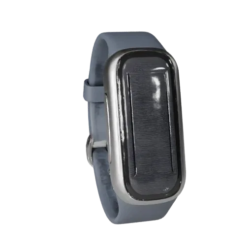Fitness Clip Tracker 3D model, three-quarter front view, AR viewer studio render, showing silicone, wearable fit.