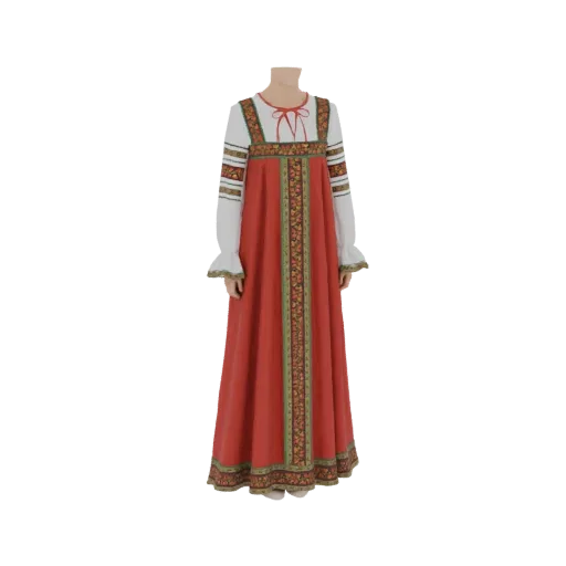 3D model of a traditional Russian sarafan dress with a red skirt and white blouse, featuring decorative trim.