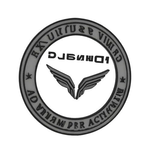 Render 3D de un emblema circular con alas estilizadas en el centro y texto invertido en el borde.