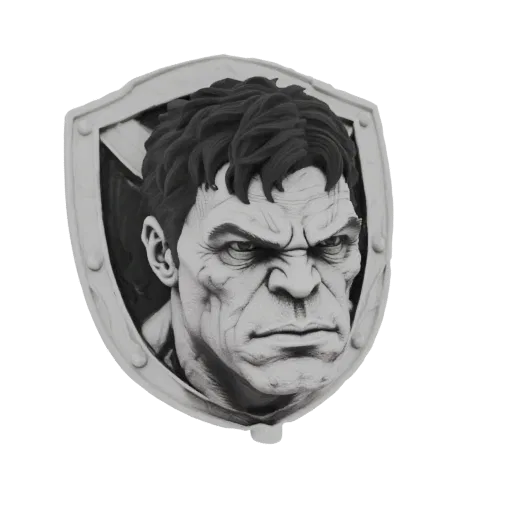 3D model render of the Hulk's face embossed on a shield-shaped wall plaque, with a fierce expression and textured finish.