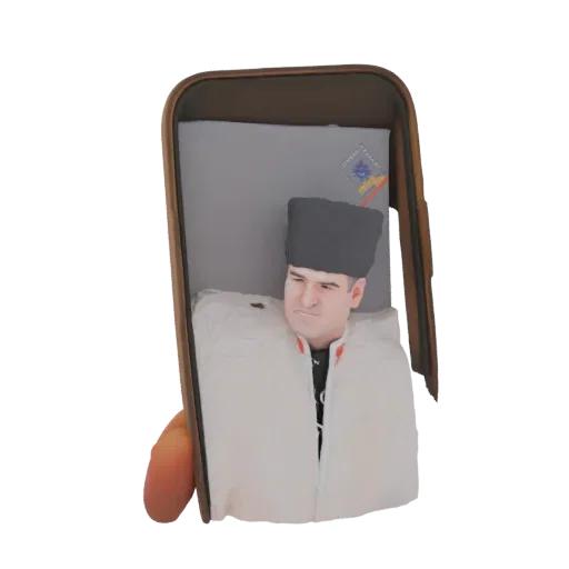 3D model render of a man wearing a tall, dark, traditional hat and a light-colored coat with red trim, looking to the side wi