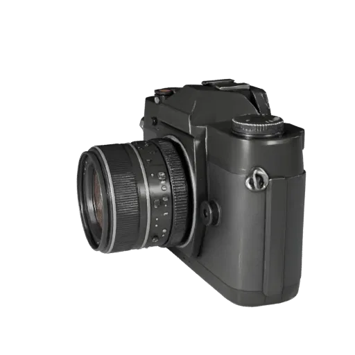 Vintage Camera Realistic 3D model, three-quarter studio render, showing textured grips, lens barrels.