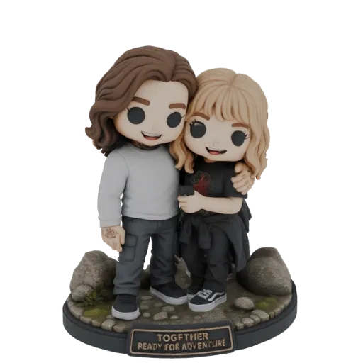 3D model of a stylized couple embracing on a rocky base with the text 'TOGETHER READY FOR ADVENTURE'.