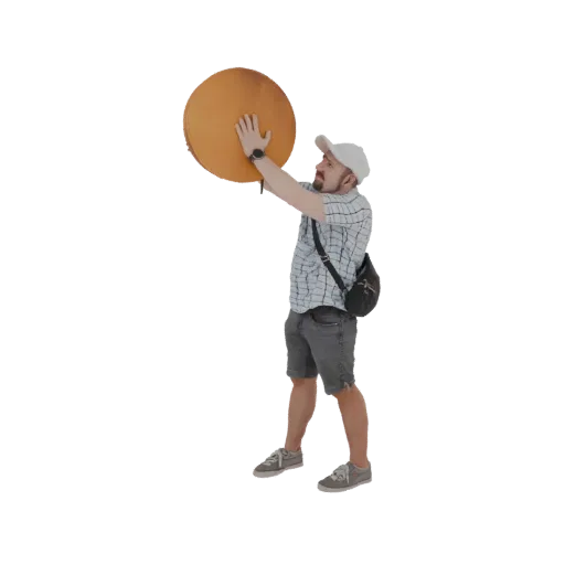 3D model of a man wearing a white cap and plaid shirt, holding a large orange disc above his head.