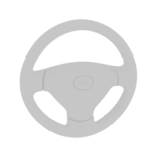 A 3D render of a pixelated steering wheel with a retro, blocky design and a subtle emblem in the center, set against a black