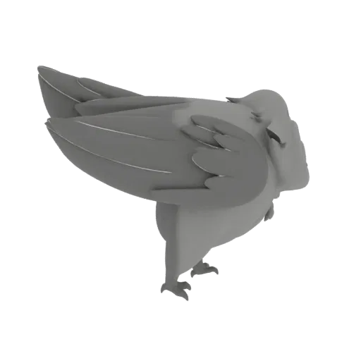 Ein stilisiertes, monochromes 3D-Modell eines Vogels, von der Seite betrachtet, mit leicht gespreizten Flügeln.