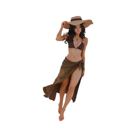 3D model of a woman in a brown bikini, sun hat, and green sarong, posing on a beach.