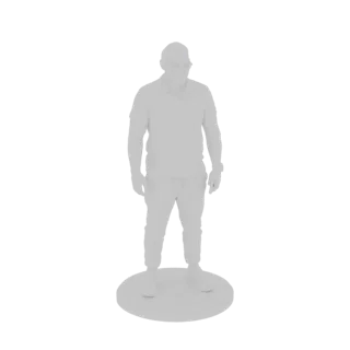 3D-Modell-Rendering eines Mannes in Poloshirt und Jogginghose, der auf einem runden Sockel steht, in neutralem Grauton.