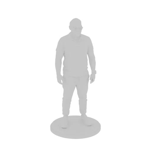 3D-Modell-Rendering eines Mannes in Poloshirt und Jogginghose, der auf einem runden Sockel steht, in neutralem Grauton.