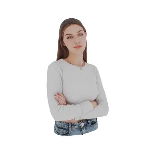 Modello 3D di una giovane donna con lunghi capelli castani, indossa una maglia bianca a maniche lunghe e jeans blu, con le br
