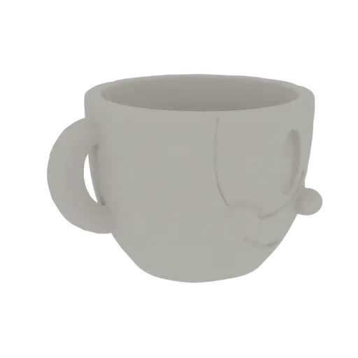 3D-Modell einer weißen Tasse mit Gesicht, inspiriert vom Videospiel Cuphead, von der Seite gezeigt.