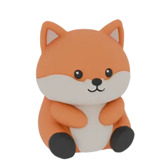 A 3D render of a cute, plump fox sitting upright with large black eyes, a white muzzle, and orange fur, presented on a white
