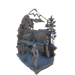 3D model of a mountain cabin scene with a family, featuring a cabin, mountains, trees, and figures.