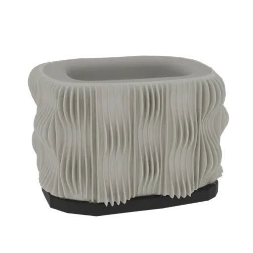 Un rendu 3D d'un pot gris clair avec un extérieur texturé ondulé et une base hexagonale gris foncé, sur fond blanc.