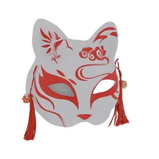 Ein 3D-Render einer weißen Kitsune-Maske mit roten japanischen Markierungen und roten Quasten, die von den Seiten hängen.