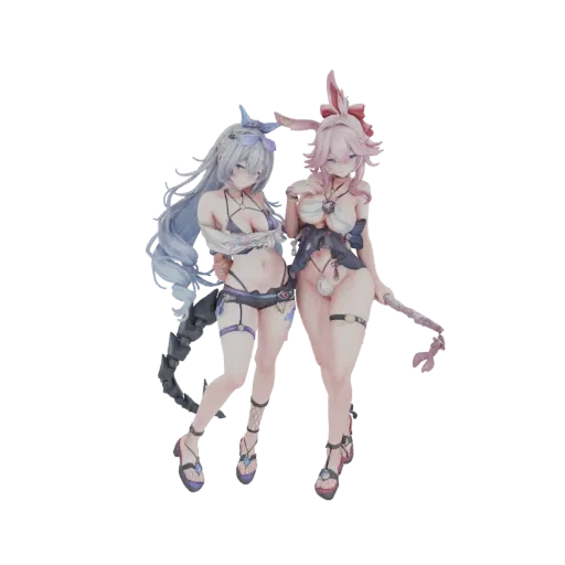 3D model of two anime-style bunny girls in bikinis, one with blue hair and the other with pink hair and bunny ears.