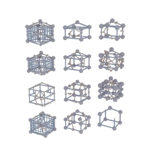 3D models of various crystal lattices arranged in a 4x3 grid, with gray spheres and blue bonds.