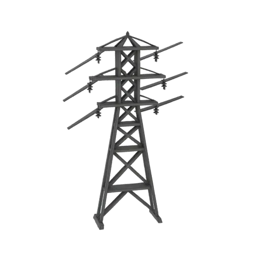 A 3D render of a grey, industrial steel lattice power tower against a black background.