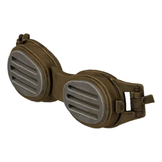 A 3D model of steampunk goggles with a weathered, metallic finish and slatted lenses, presented on a white background.