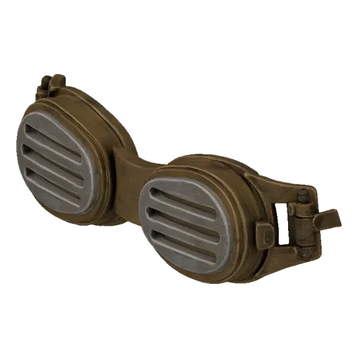 A 3D model of steampunk goggles with a weathered, metallic finish and slatted lenses, presented on a white background.