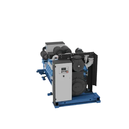 3D model of a blue and black industrial diesel generator set with a control panel and exhaust system, shown on a white backgr