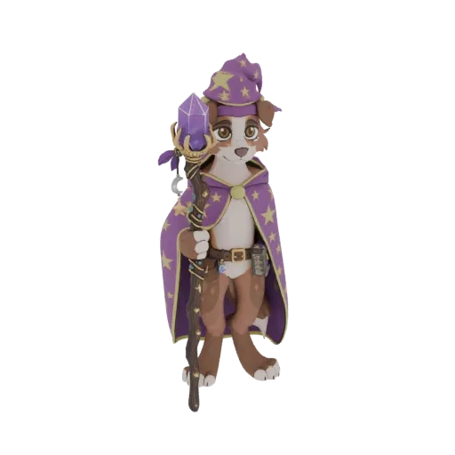 3D model of a dog wearing a wizard hat and cloak, holding a crystal staff.