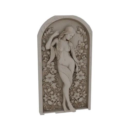 3D model of a classical bas-relief sculpture featuring a nude nymph surrounded by detailed flowers within an arched frame.