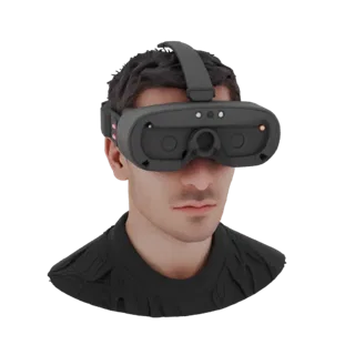 3D model of VR headset with infrared lighting on man's head, front view