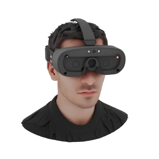 3D model of VR headset with infrared lighting on man's head, front view