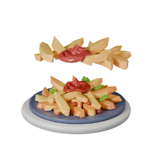 French Fries Stylized 3D model, stylized isometric render, showing sauces, plated composition.