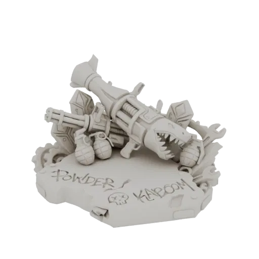 3D model of Jinx's Powder-Kapoom weapon diorama, featuring a rocket launcher, Gatling gun, and grenades on a custom base.