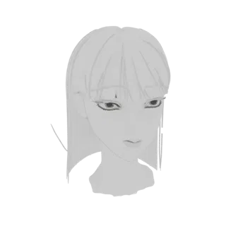3D-Modell einer Anime-Mädchen-Brust mit Pony und Blick nach unten, in Graustufen gerendert.