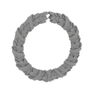 Ein detailliertes 3D-Modell eines prunkvollen Lorbeerkranzes mit verschlungenen Bändern, gerendert in einem neutralen grauen