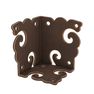 3D render of an antique bronze corner bracket with ornate scrollwork, shown from an angle against a white background.