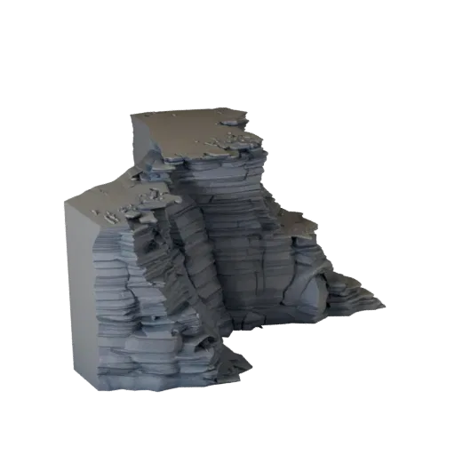 Cliff Ledge Path Low Poly 3D model, game viewport three-quarter view, showing stratified stone, rock faces.