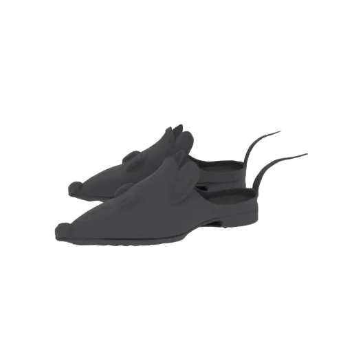 A 3D render of a pair of gray mules with a distinctive mouse-shaped design, presented on a black background.