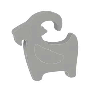 Un rendering 3D di una silhouette di capra stilizzata, minimalista e grigia, con un corno curvo, presentato su uno sfondo bia