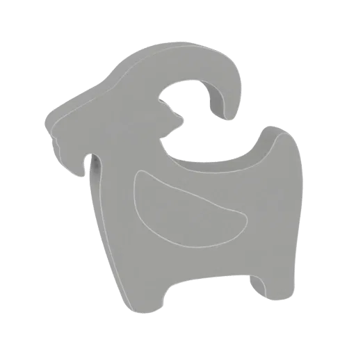 A 3D render of a stylized, minimalist gray goat silhouette with a curved horn, presented against a white background.