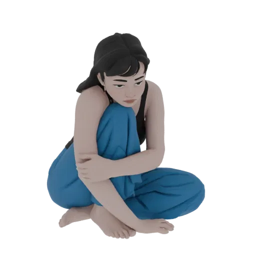 A 3D model of a young woman crouching with her knees pulled to her chest and arms wrapped around them, looking downcast.