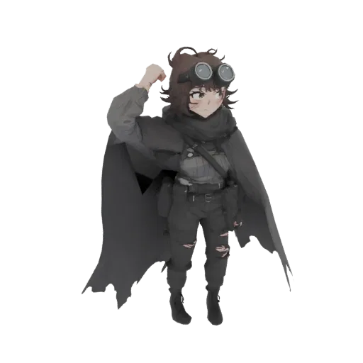 Modelo 3D de um personagem Aventureiro Steampunk usando óculos, cachecol e roupas robustas, em pose.