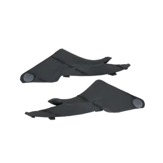 A pair of dark gray, futuristic helmet visor mounts with sharp, angular designs, presented against a black background.