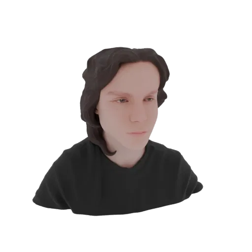 3D model render of a young man's bust with dark wavy hair, wearing a black t-shirt, looking slightly to the side.