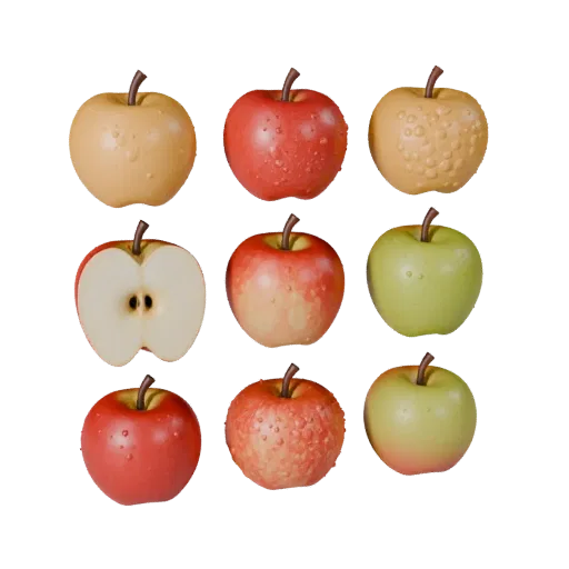 Market Apple 3D model, three-quarter front view, AR viewer studio render, showing skin pores, recognizable fruit forms.